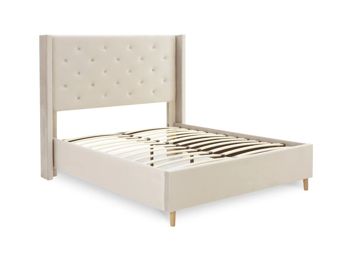 Lit double en velours capitonné beige MAREVA 160x200 cm - Image 3