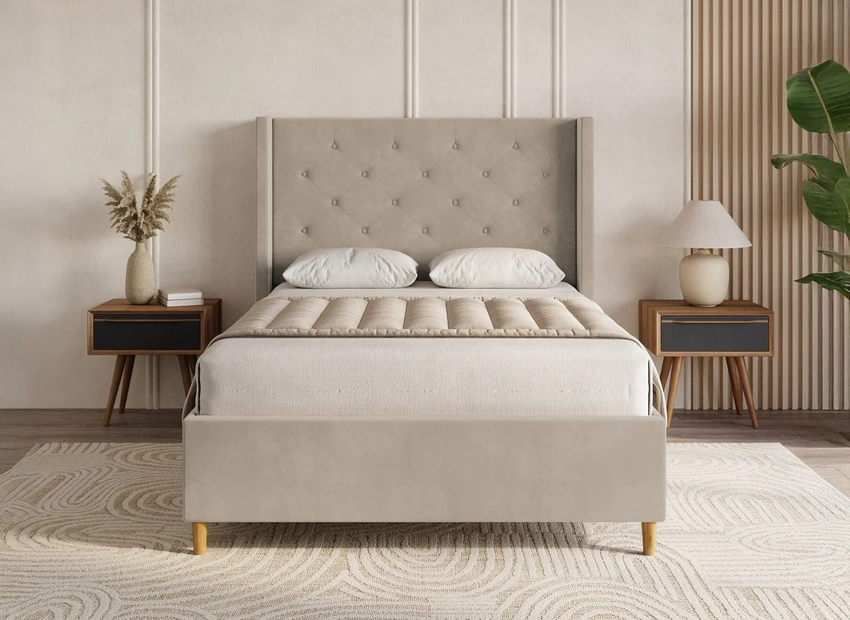 Lit double en velours capitonné taupe MAREVA 140x190 cm - Image 2