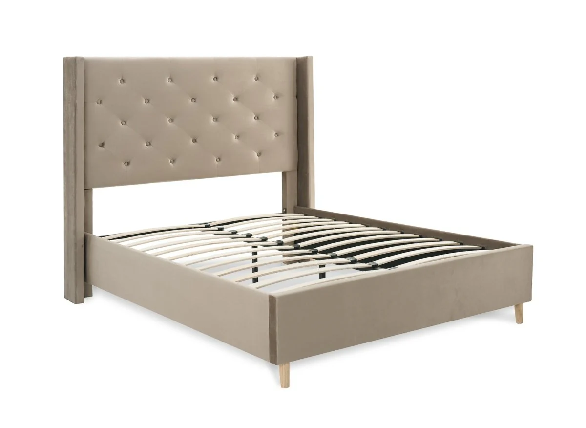 Lit double en velours capitonné taupe MAREVA 140x190 cm - Image 3
