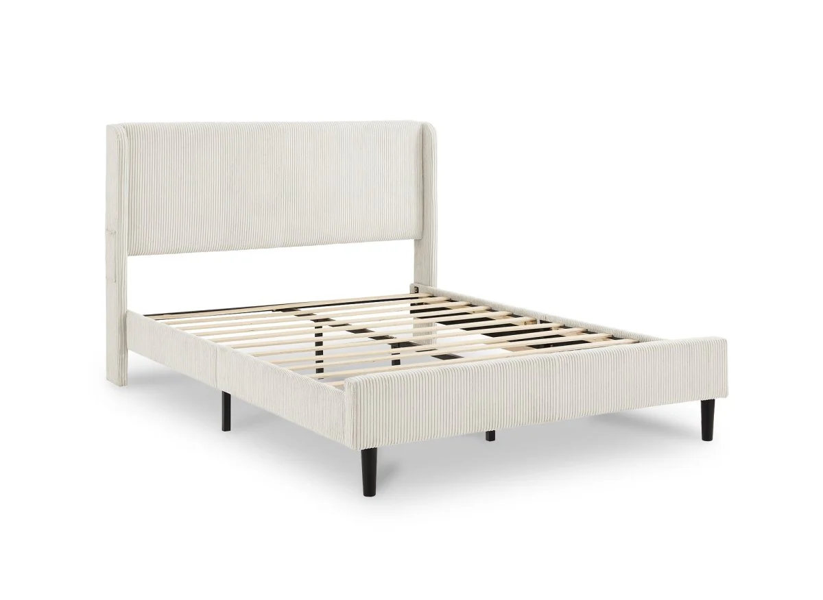 Lit double en velours côtelé épais beige 140x190cm LEVY - Image 3
