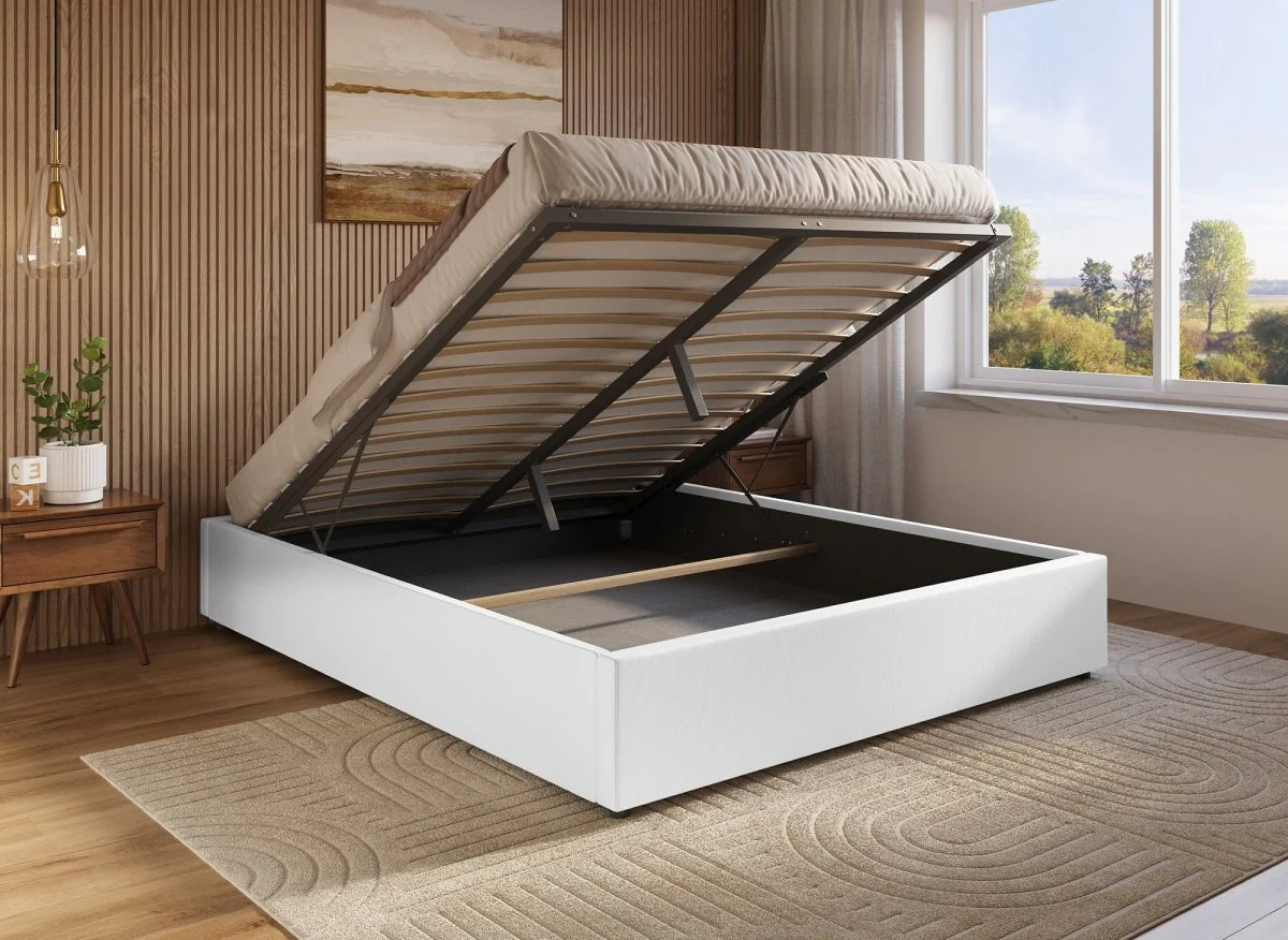 Lit sommier relevable avec coffre en simili cuir blanc 140x190 cm LIZBAN - Image 2