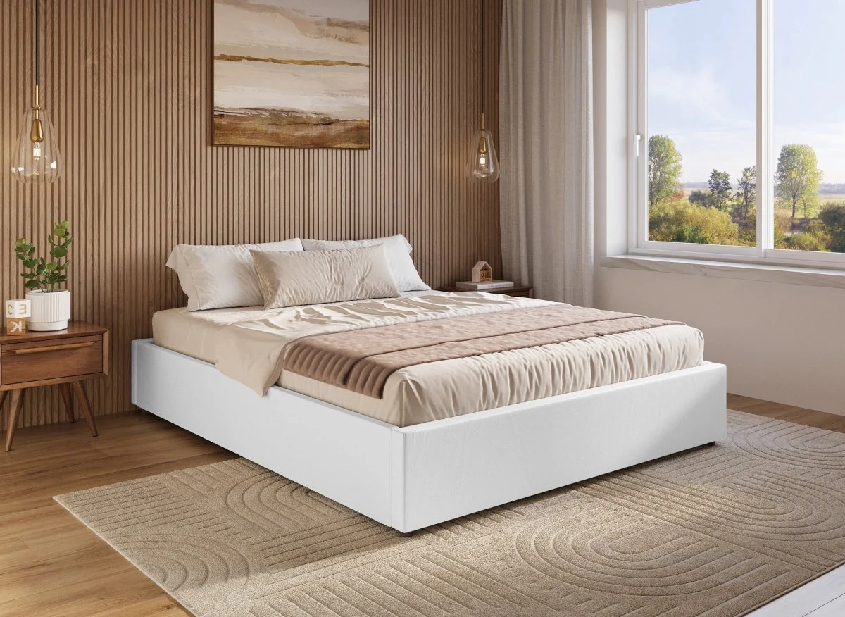 Lit sommier relevable avec coffre en simili cuir blanc 160x200 cm LIZBAN
