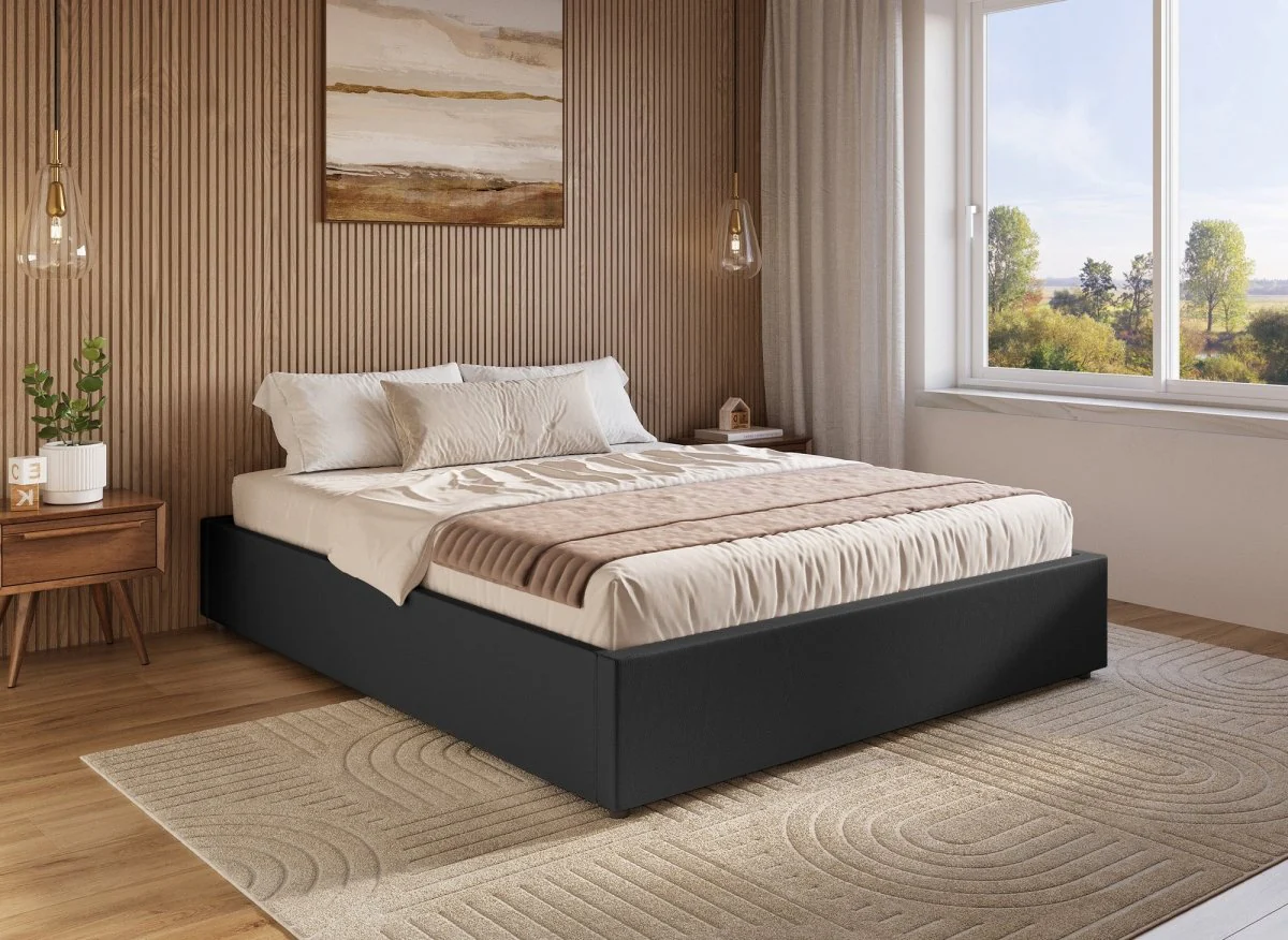 Lit sommier relevable avec coffre en simili cuir noir 180x200 cm LIZBAN