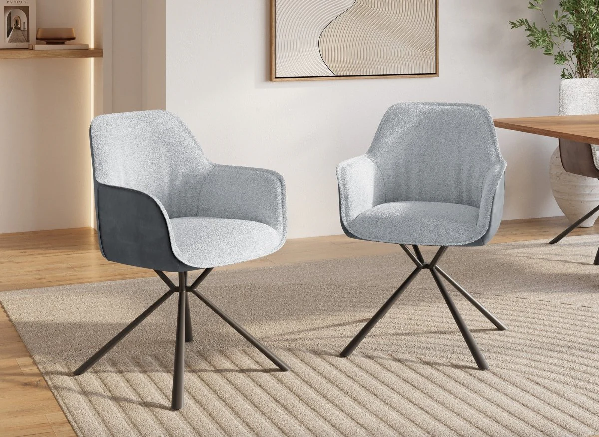 Lot de 2 chaises avec accoudoir tissu bouclette et simili cuir gris PIRO - Image 2