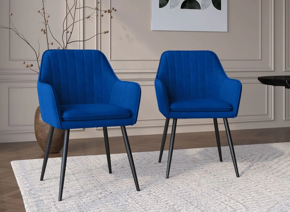 Lot de 2 chaises avec accoudoirs en velours bleu pieds noirs EDWIGE - Image 2