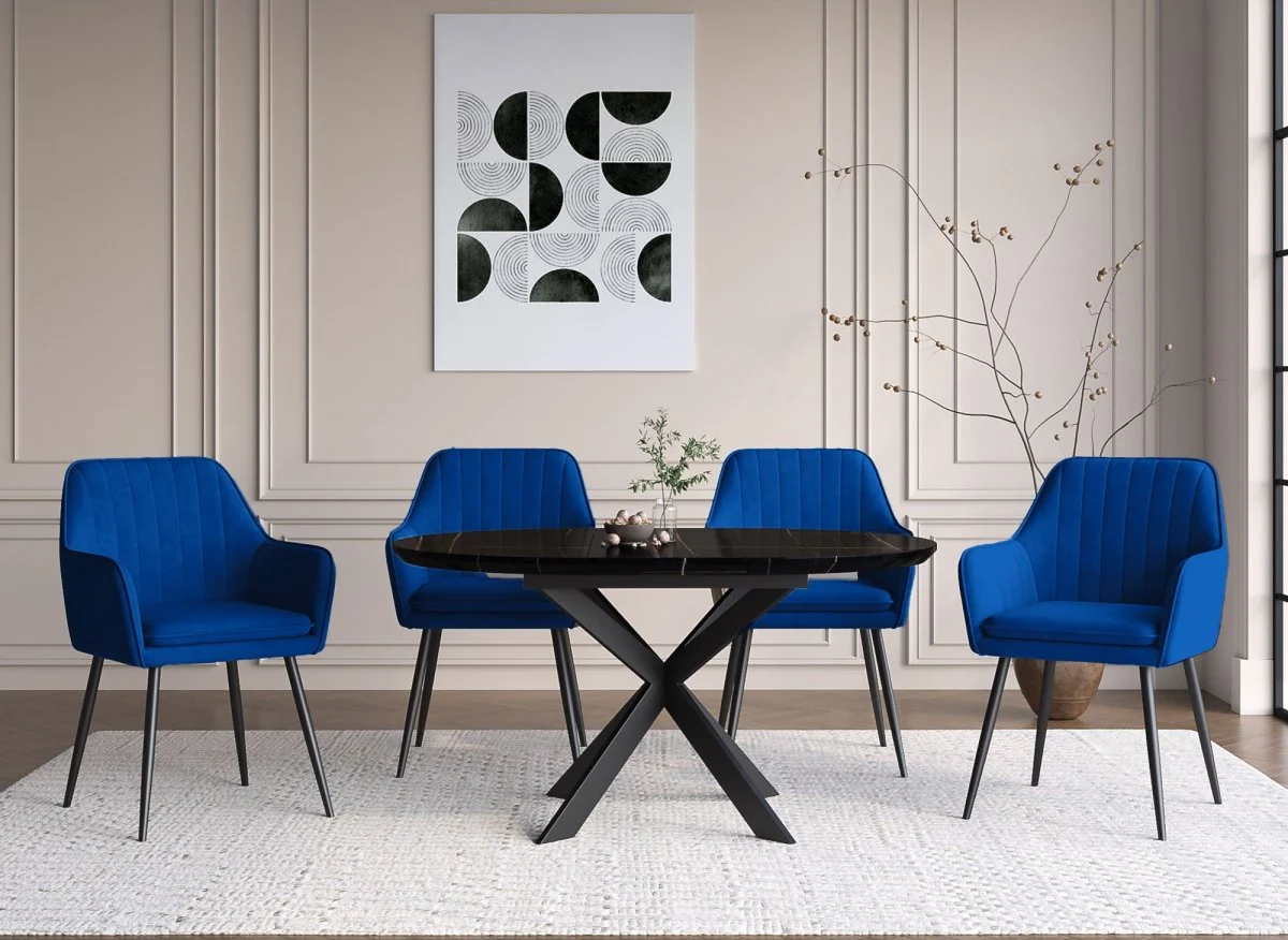 Lot de 2 chaises avec accoudoirs en velours bleu pieds noirs EDWIGE - Image 3