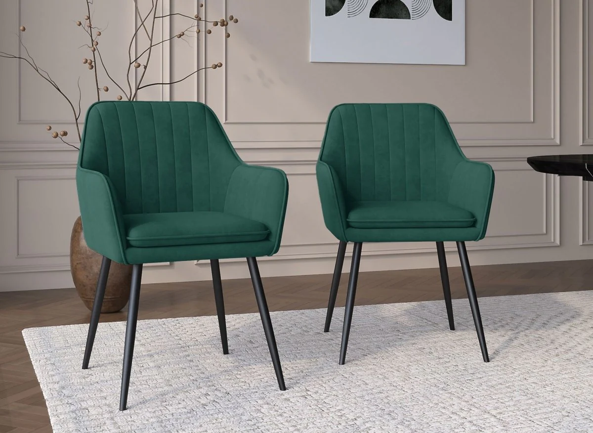 Lot de 2 chaises avec accoudoirs en velours vert pieds noirs EDWIGE - Image 2