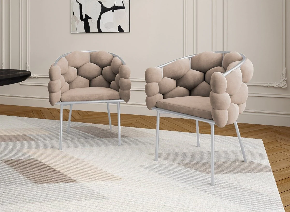Lot de 2 chaises en velours beige pieds en métal argenté CHARLOTTE - Image 2