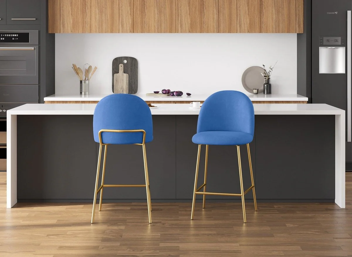 Lot de 2 tabourets de bar design en velours bleu ARABEL - Image 2