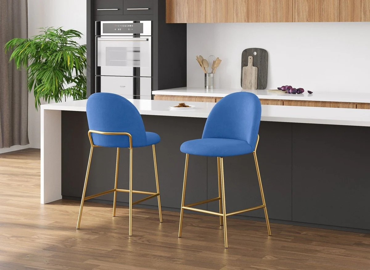 Lot de 2 tabourets de bar design en velours bleu ARABEL - Image 3