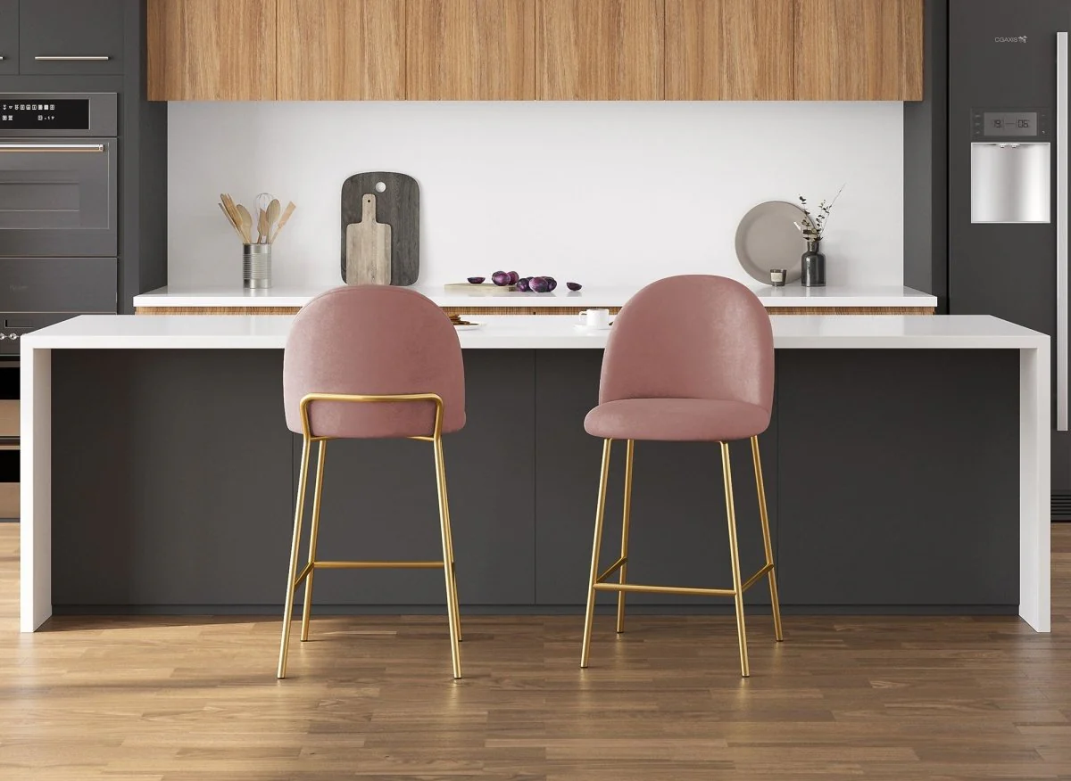 Lot de 2 tabourets de bar design en velours rose ARABEL - Image 2