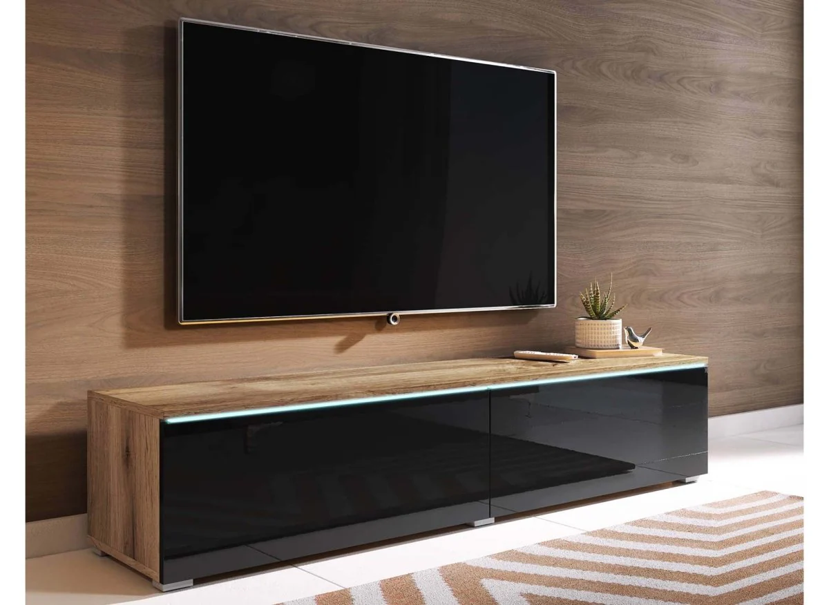 Meuble TV chêne vieilli et noir laqué avec LED 2 portes MALORIE- 140 cm - Image 3