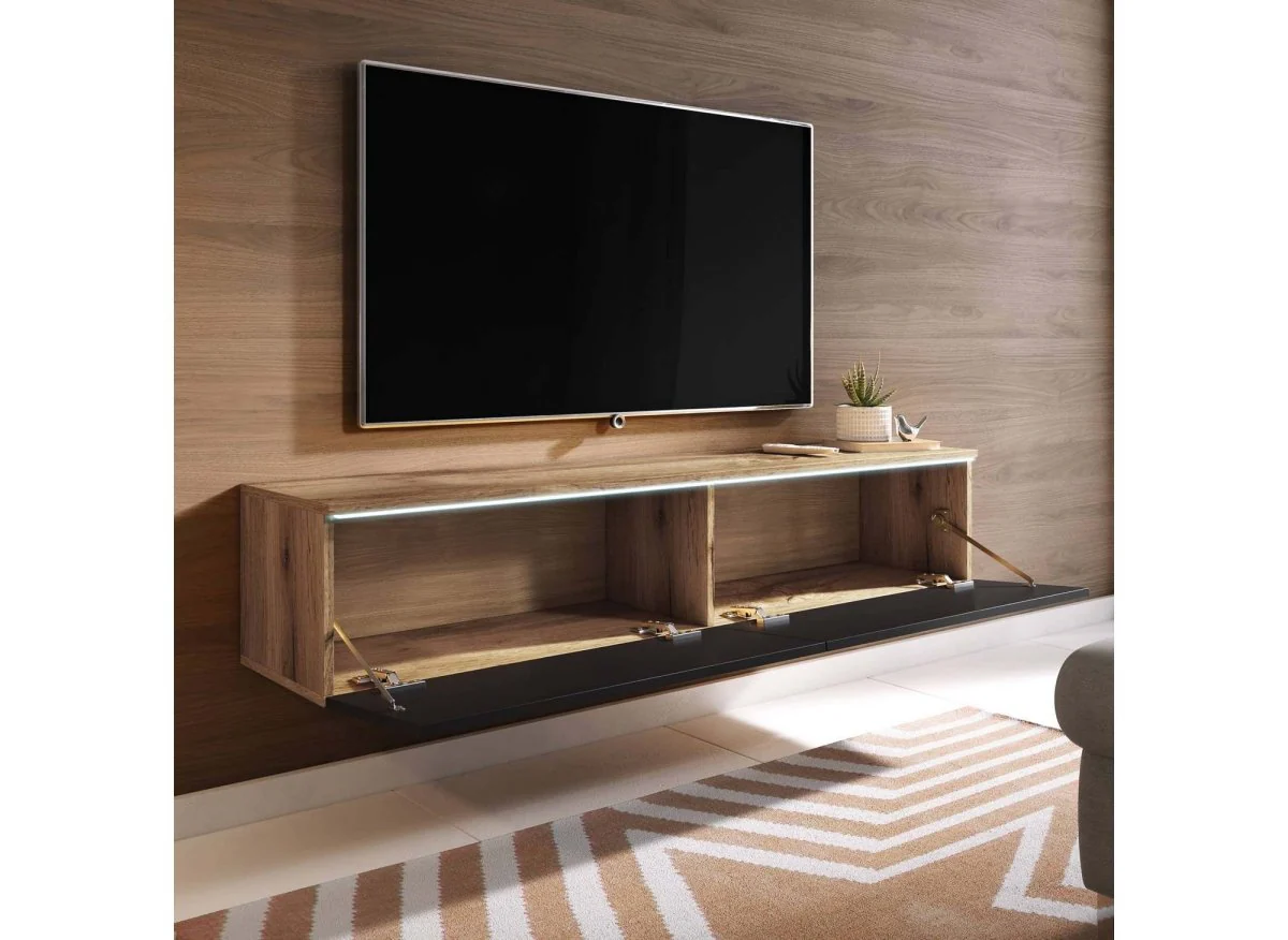 Meuble TV chêne vieilli et noir laqué avec LED 2 portes MALORIE- 180 cm - Image 2