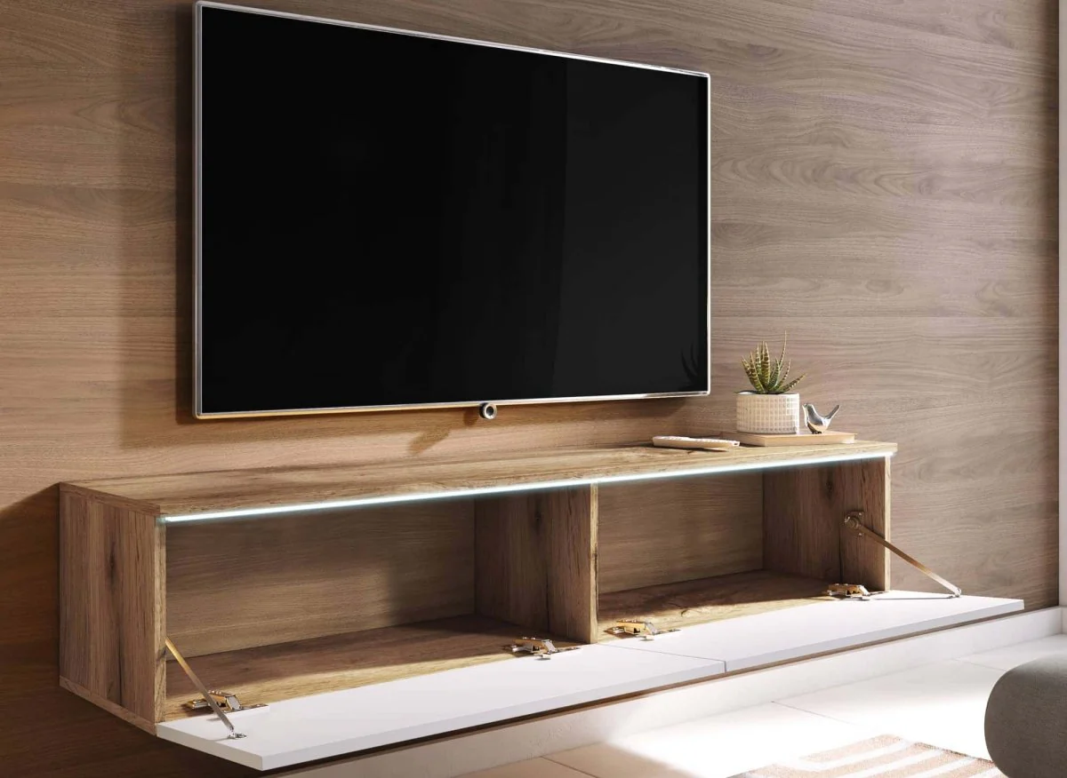 Meuble TV contemporain chêne et laqué blanc avec LED 2 portes MALORIE - 140 cm - Image 2