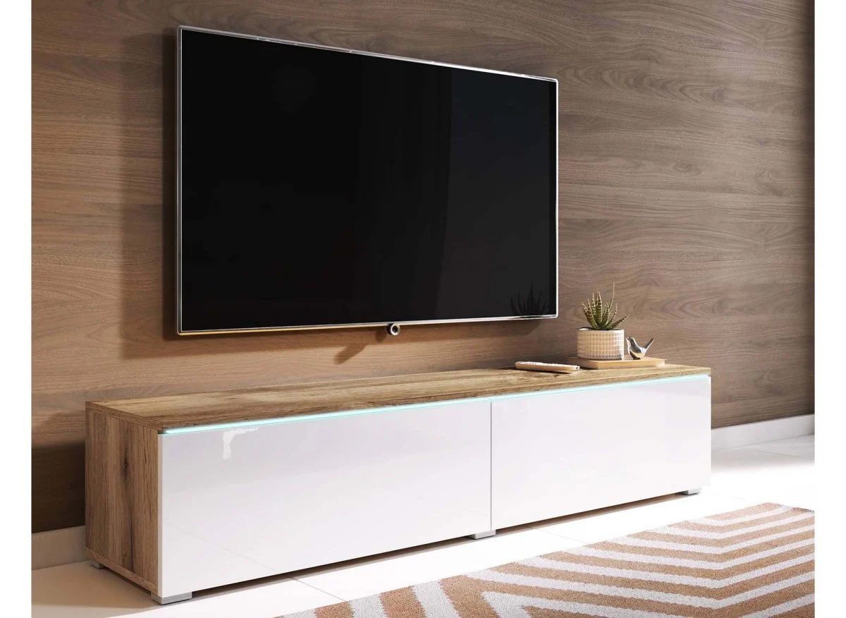 Meuble TV contemporain chêne et laqué blanc avec LED 2 portes MALORIE - 140 cm - Image 3