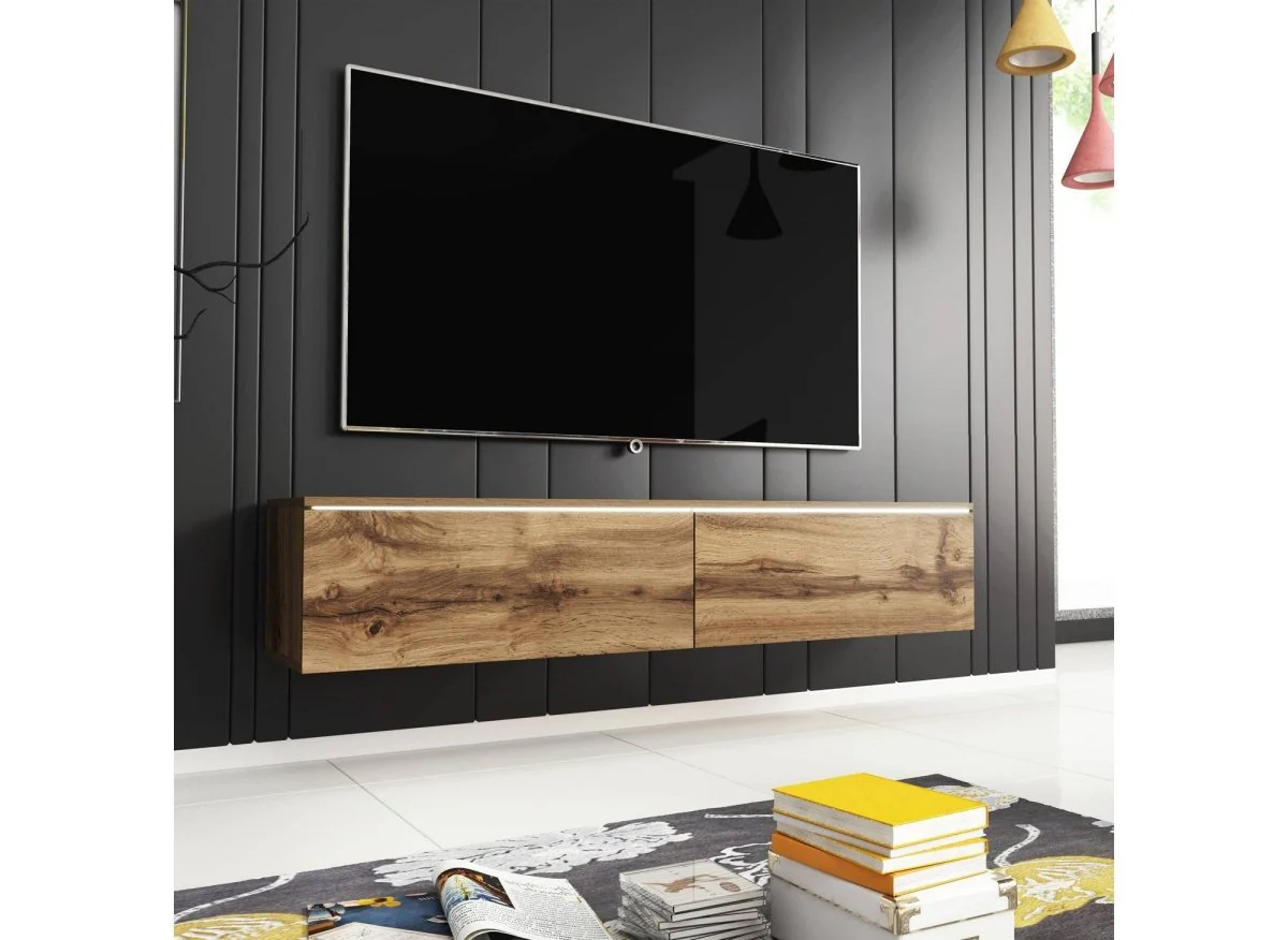 Meuble TV contemporain en chêne avec LED 2 portes MALORIE - 180 cm - Image 4