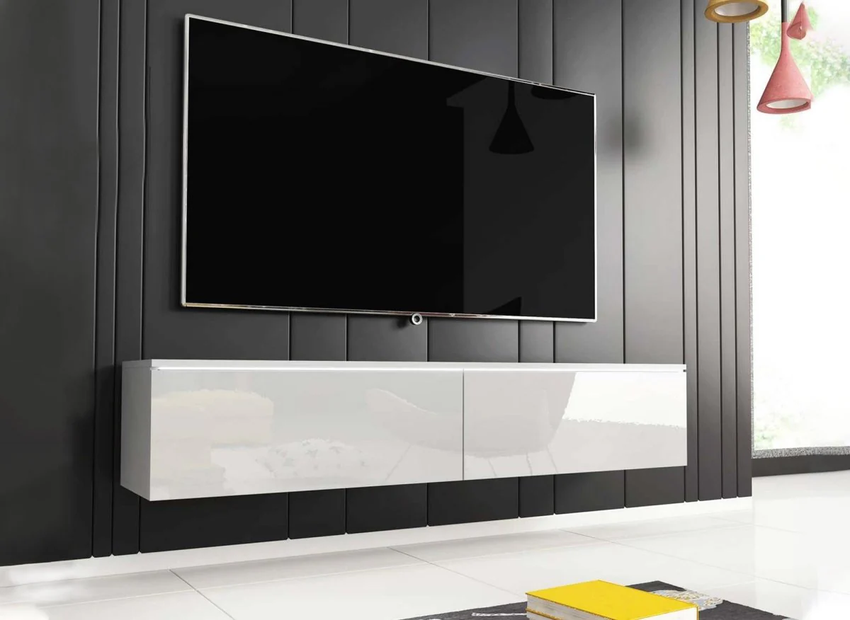 Meuble TV contemporain laqué blanc avec LED 2 portes MALORIE - 180 cm