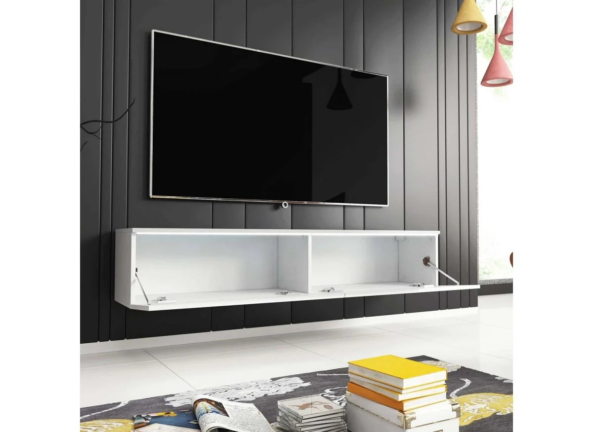 Meuble TV contemporain laqué blanc avec LED 2 portes MALORIE - 180 cm - Image 2