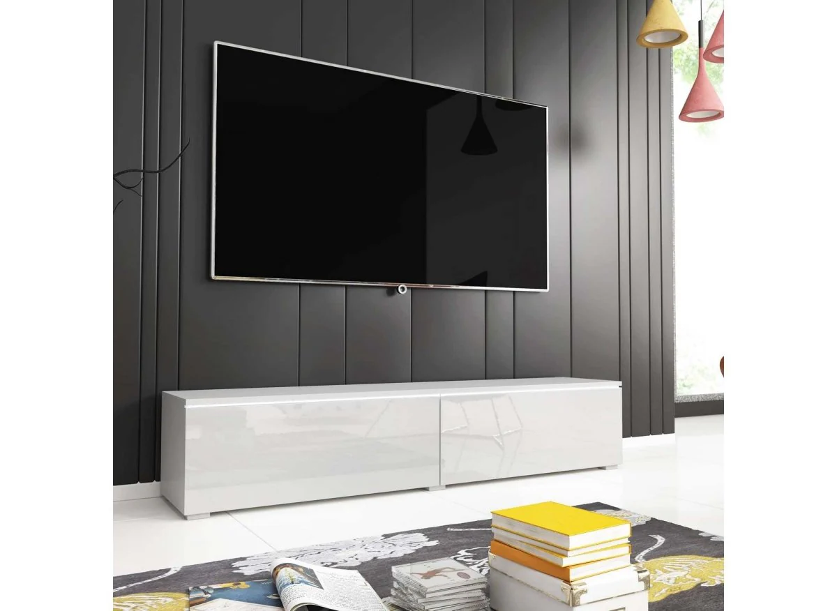 Meuble TV contemporain laqué blanc avec LED 2 portes MALORIE - 180 cm - Image 3