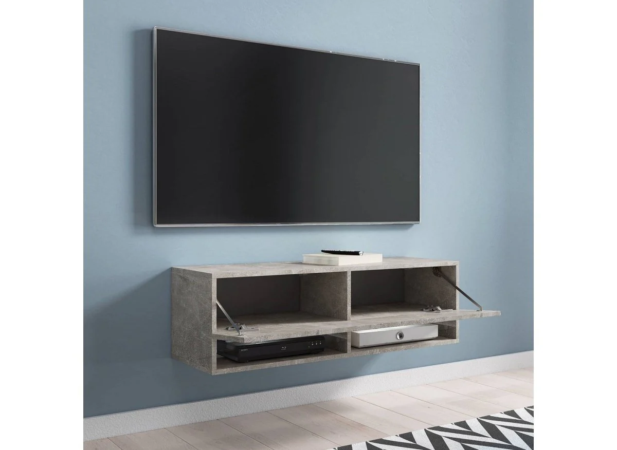 Meuble TV suspendu 1 porte 2 niches gris béton ROMANE - 100 cm - Image 2