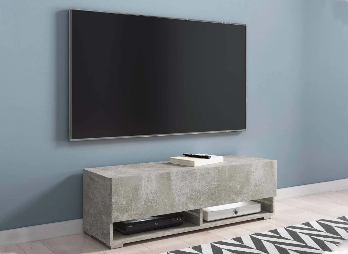 Meuble TV suspendu 1 porte 2 niches gris béton ROMANE - 100 cm - Image 3