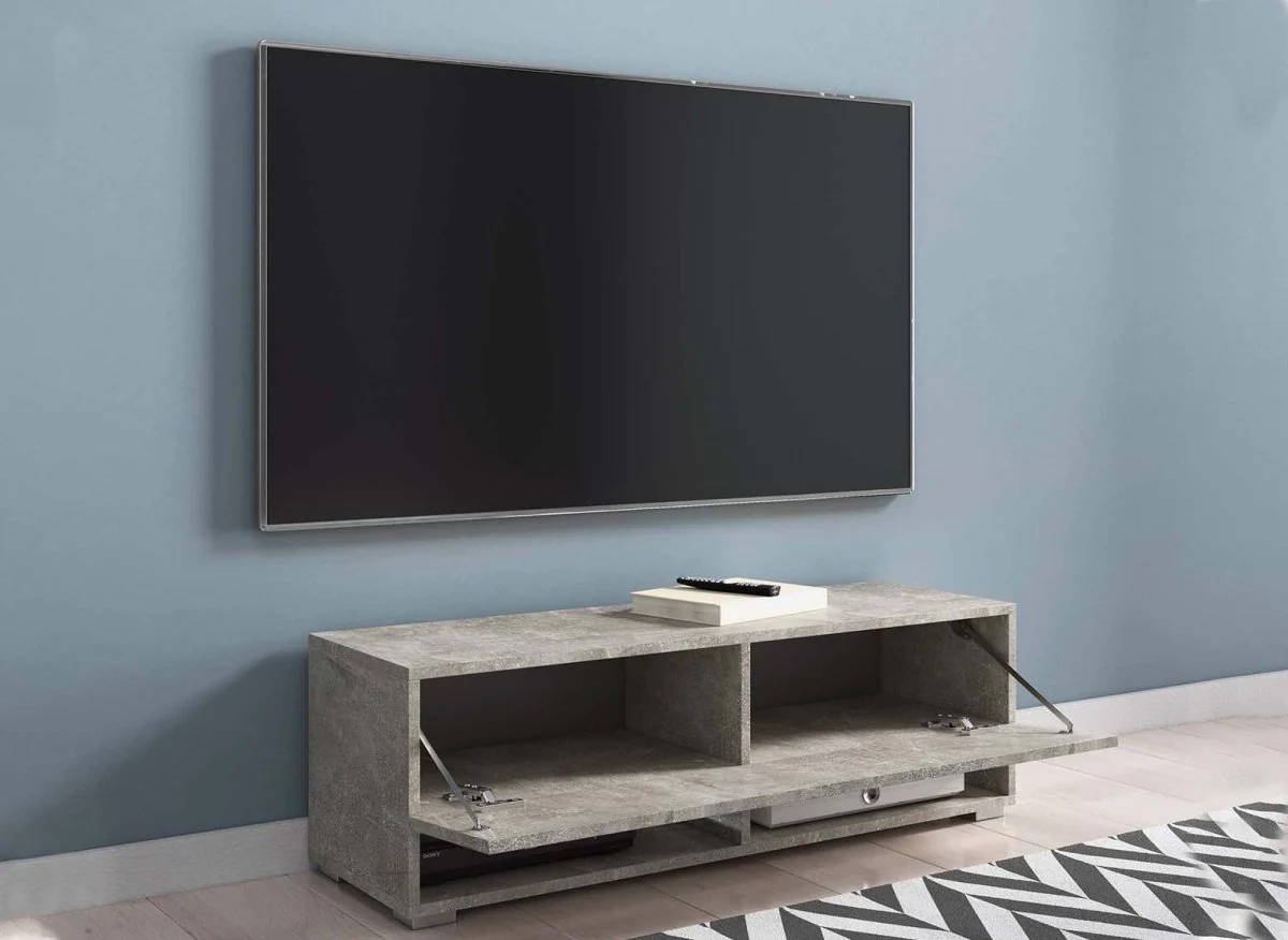 Meuble TV suspendu 1 porte 2 niches gris béton ROMANE - 100 cm - Image 4