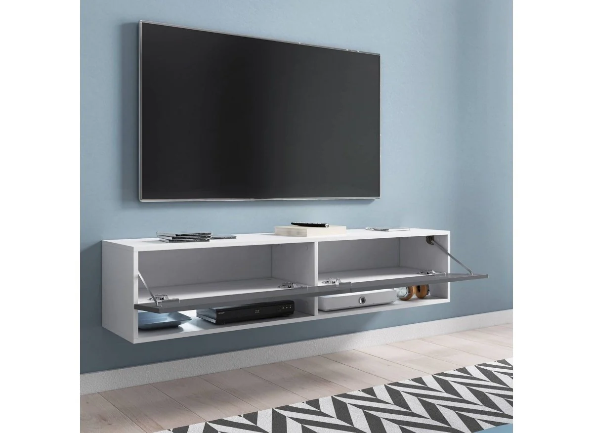 Meuble TV suspendu 2 portes 2 niches blanc et gris ROMANE XXL - 180 cm - Image 2