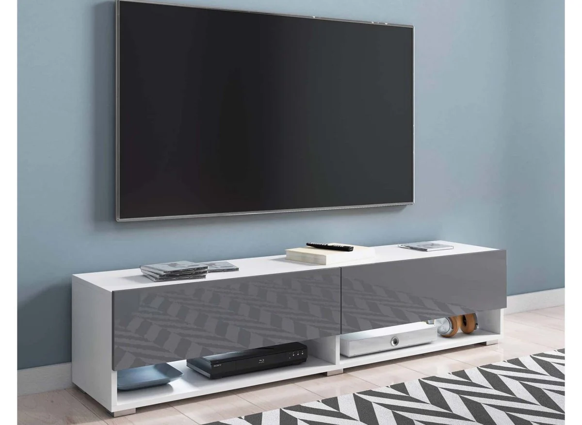 Meuble TV suspendu 2 portes 2 niches blanc et gris ROMANE XXL - 180 cm - Image 3