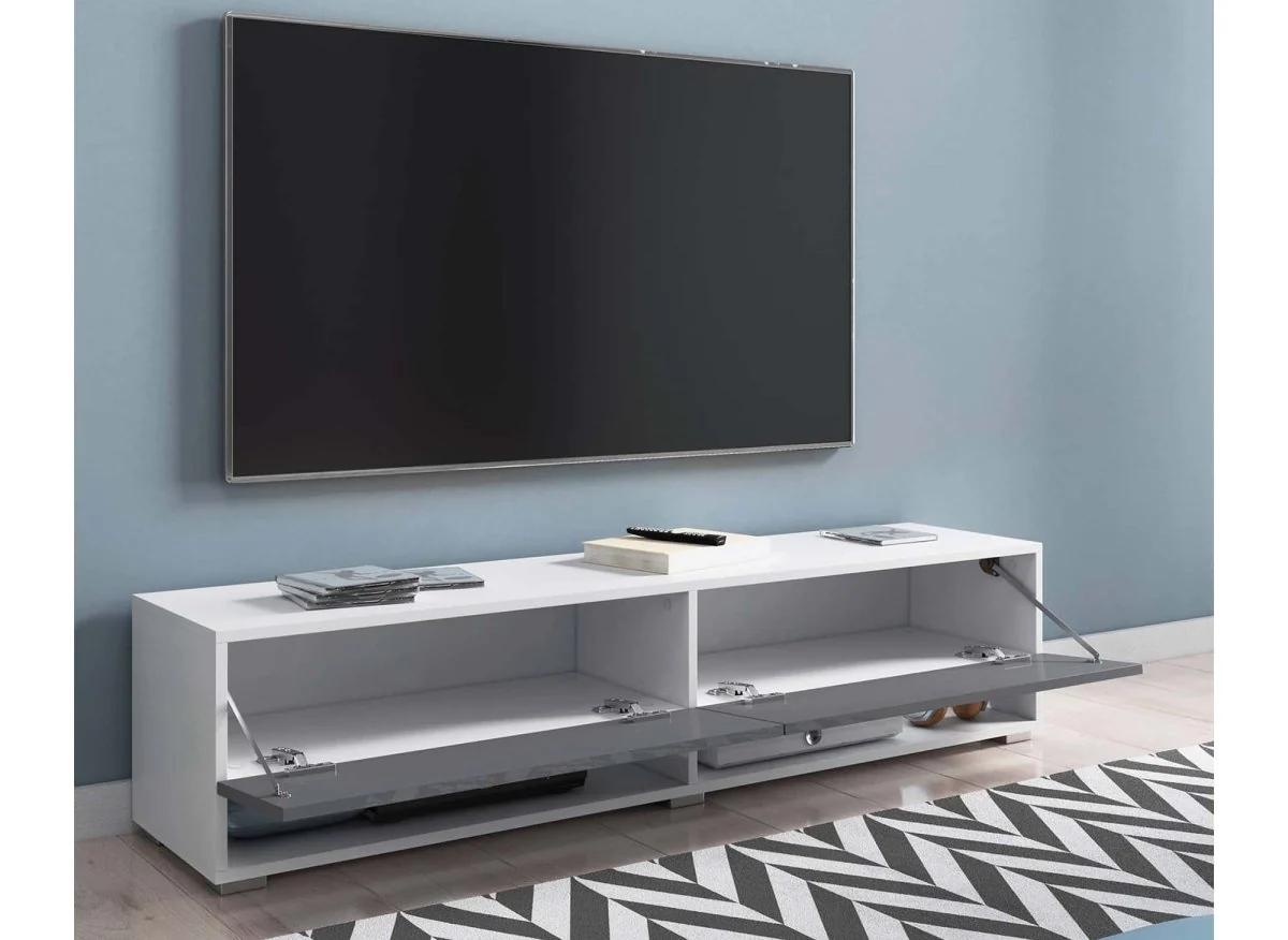 Meuble TV suspendu 2 portes 2 niches blanc et gris ROMANE XXL - 180 cm - Image 4