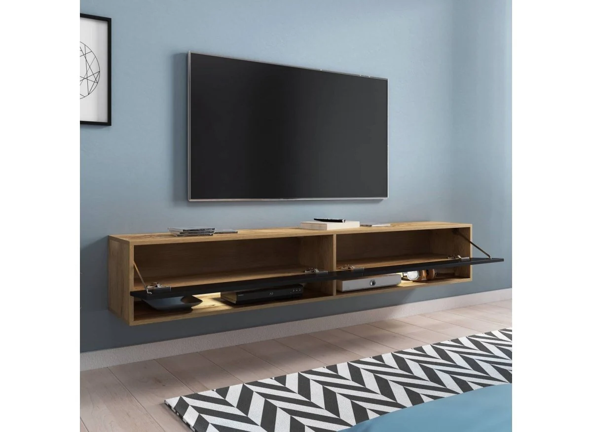 Meuble TV suspendu 2 portes 2 niches en chêne et noir ROMANE XXL - 180 cm - Image 2