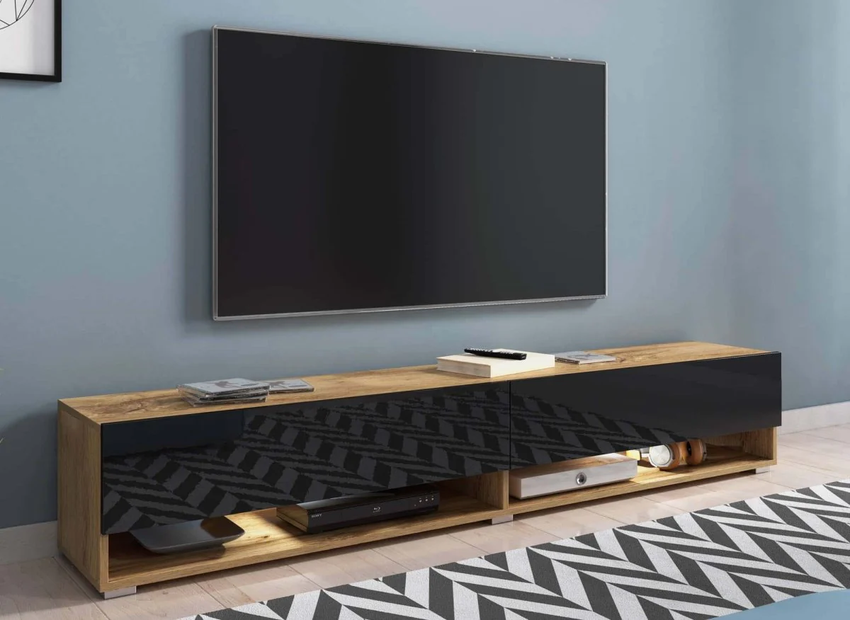Meuble TV suspendu 2 portes 2 niches en chêne et noir ROMANE XXL - 180 cm - Image 3