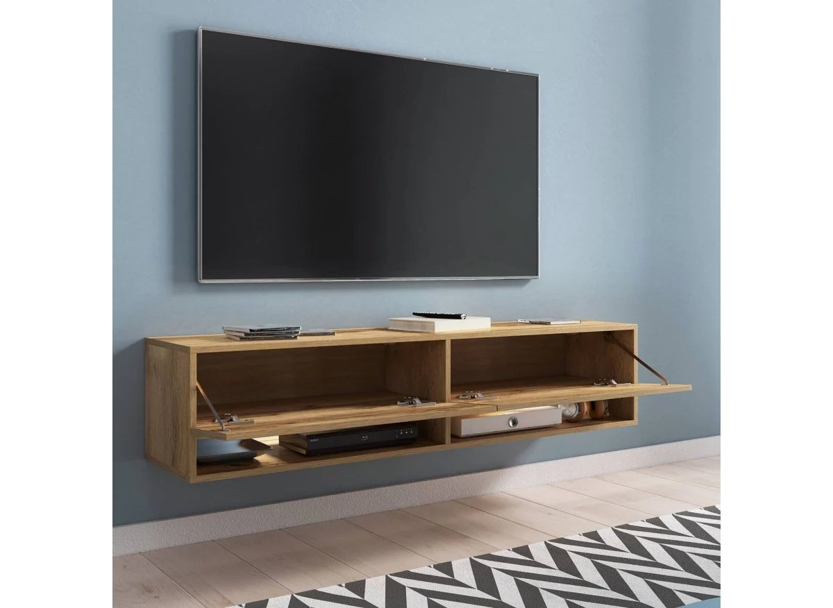 Meuble TV suspendu 2 portes 2 niches en chêne ROMANE XL - 140 cm - Image 2