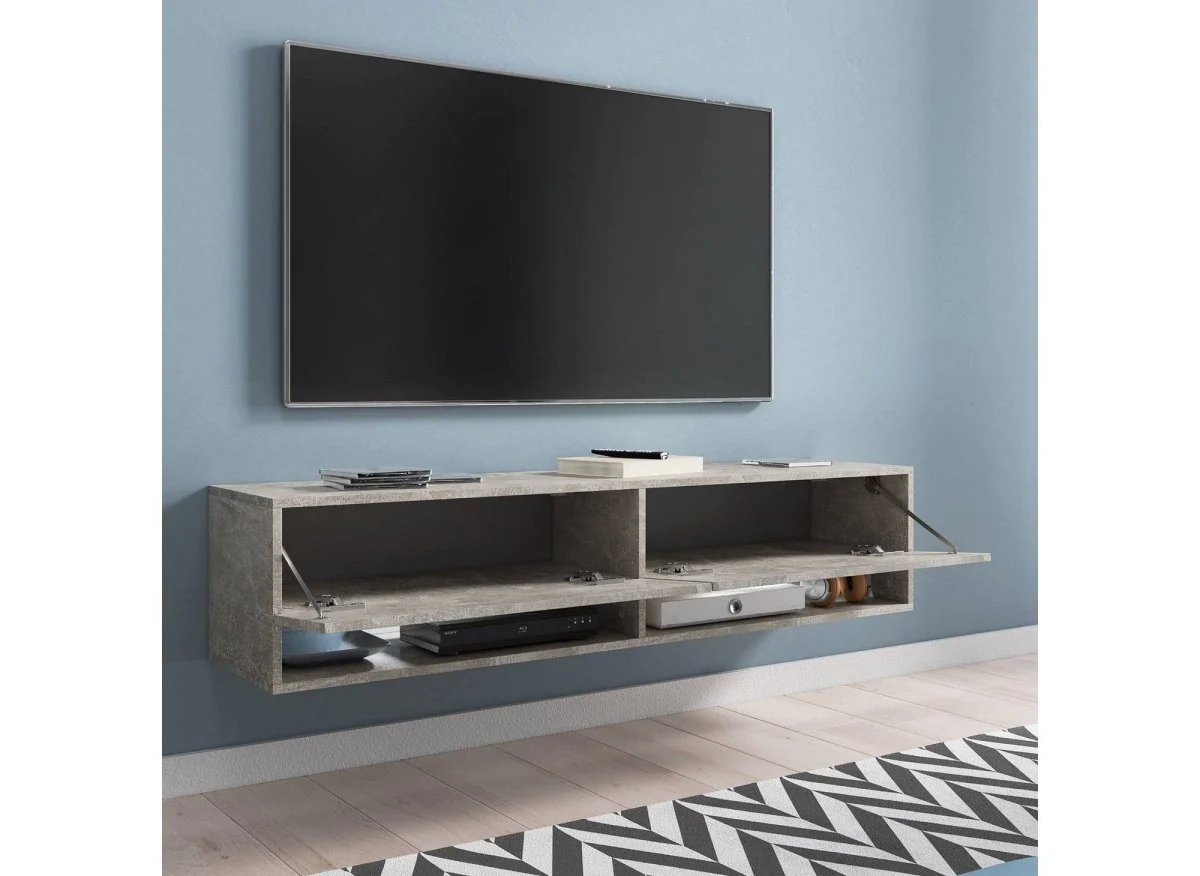 Meuble TV suspendu 2 portes 2 niches gris béton ROMANE XL - 140 cm - Image 2