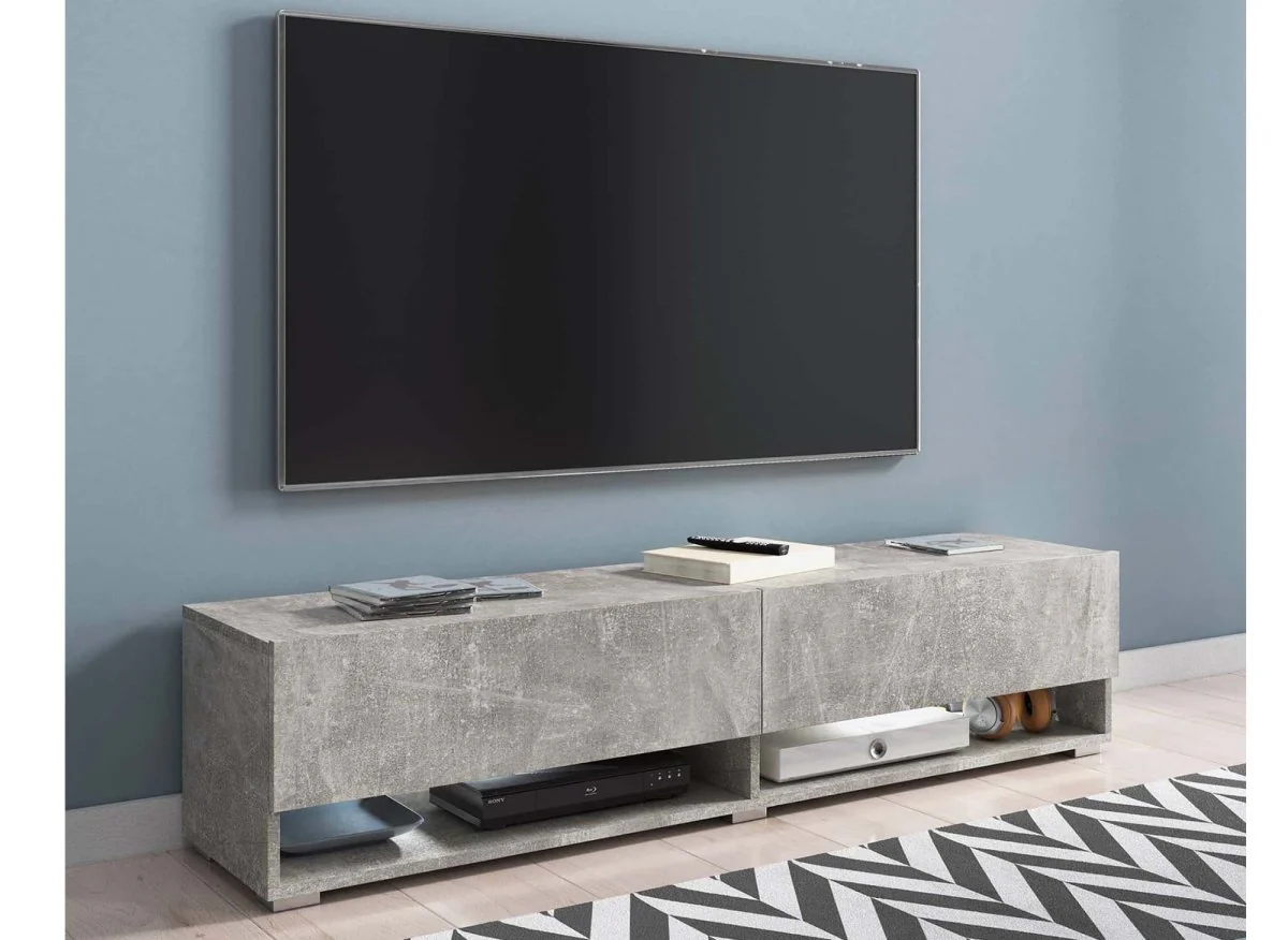Meuble TV suspendu 2 portes 2 niches gris béton ROMANE XL - 140 cm - Image 3