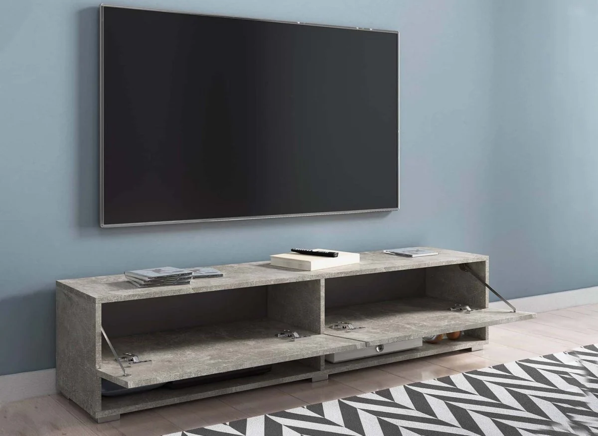 Meuble TV suspendu 2 portes 2 niches gris béton ROMANE XL - 140 cm - Image 4
