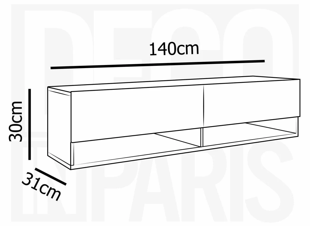 Meuble TV suspendu 2 portes 2 niches gris béton ROMANE XL - 140 cm - Image 6