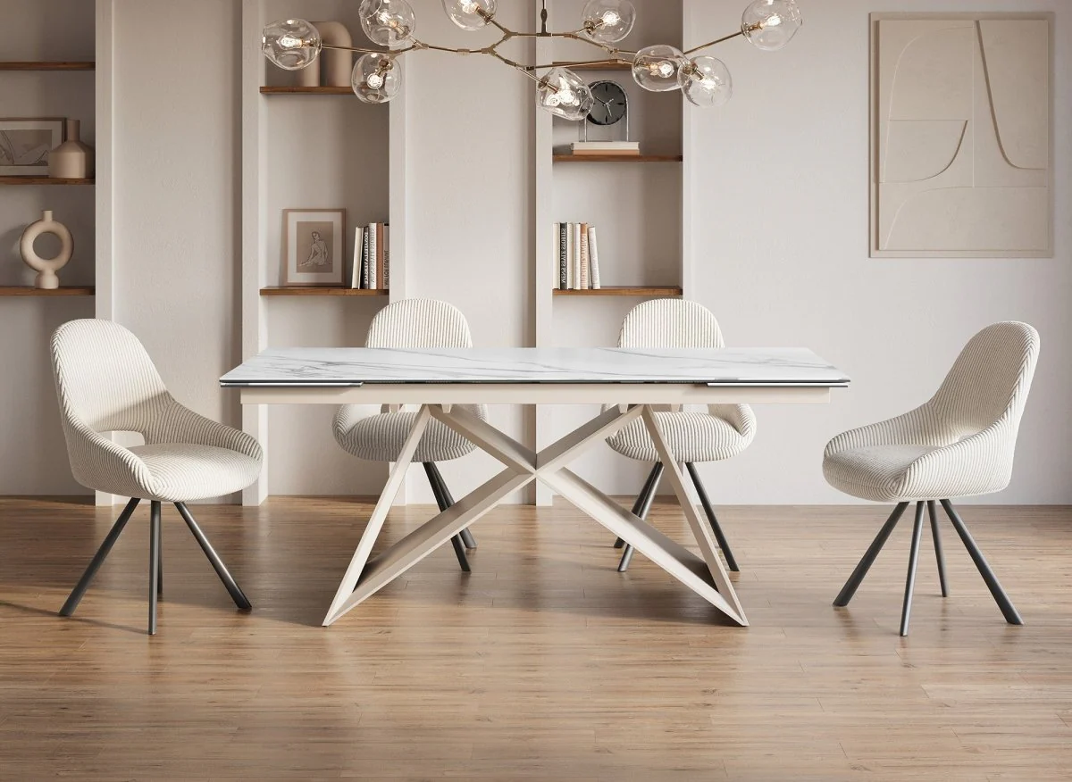 Table à manger extensible en céramique blanche effet marbre 12 personnes GABRIEL - Image 3