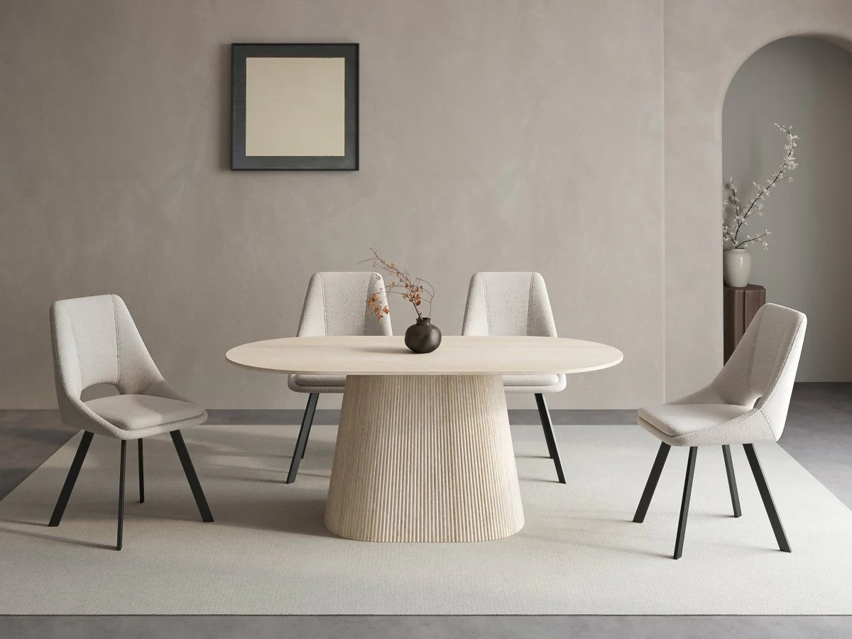 Table à manger ovale en marbre composite beige 6 personnes TIANA - Image 2