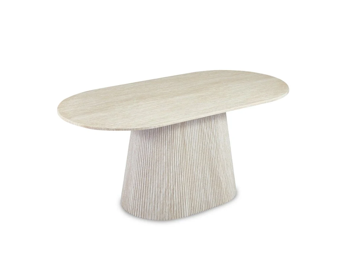 Table à manger ovale en marbre composite beige 6 personnes TIANA - Image 4