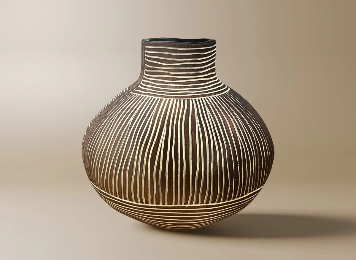 Vase ethnique en polyrésine bois et blanc H21 cm AKIRA