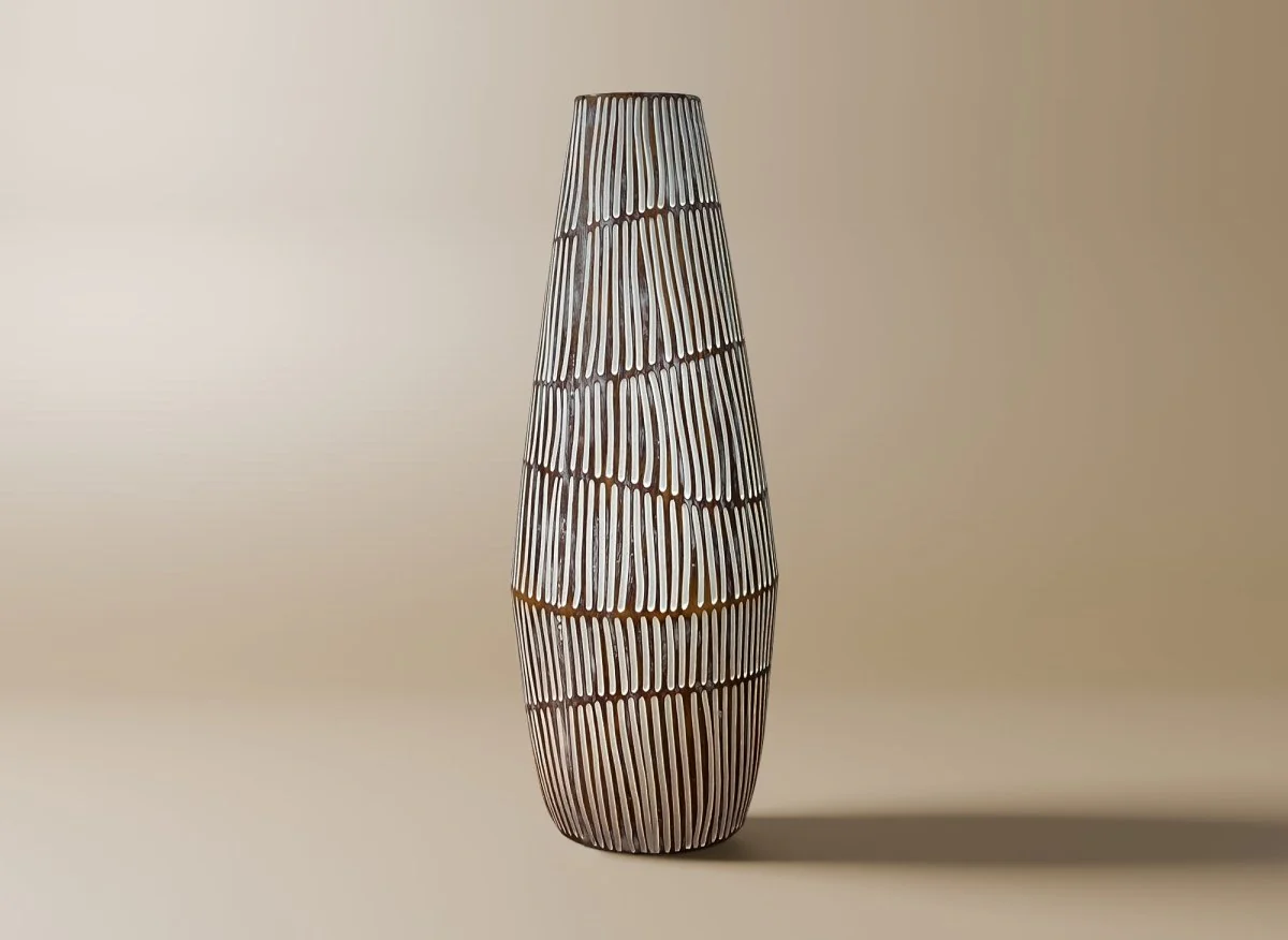 Vase XL en polyrésine bois et blanc H47 cm MAYA